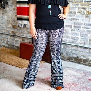L&B Elegant Black and Gray Snake Print Flare Pants